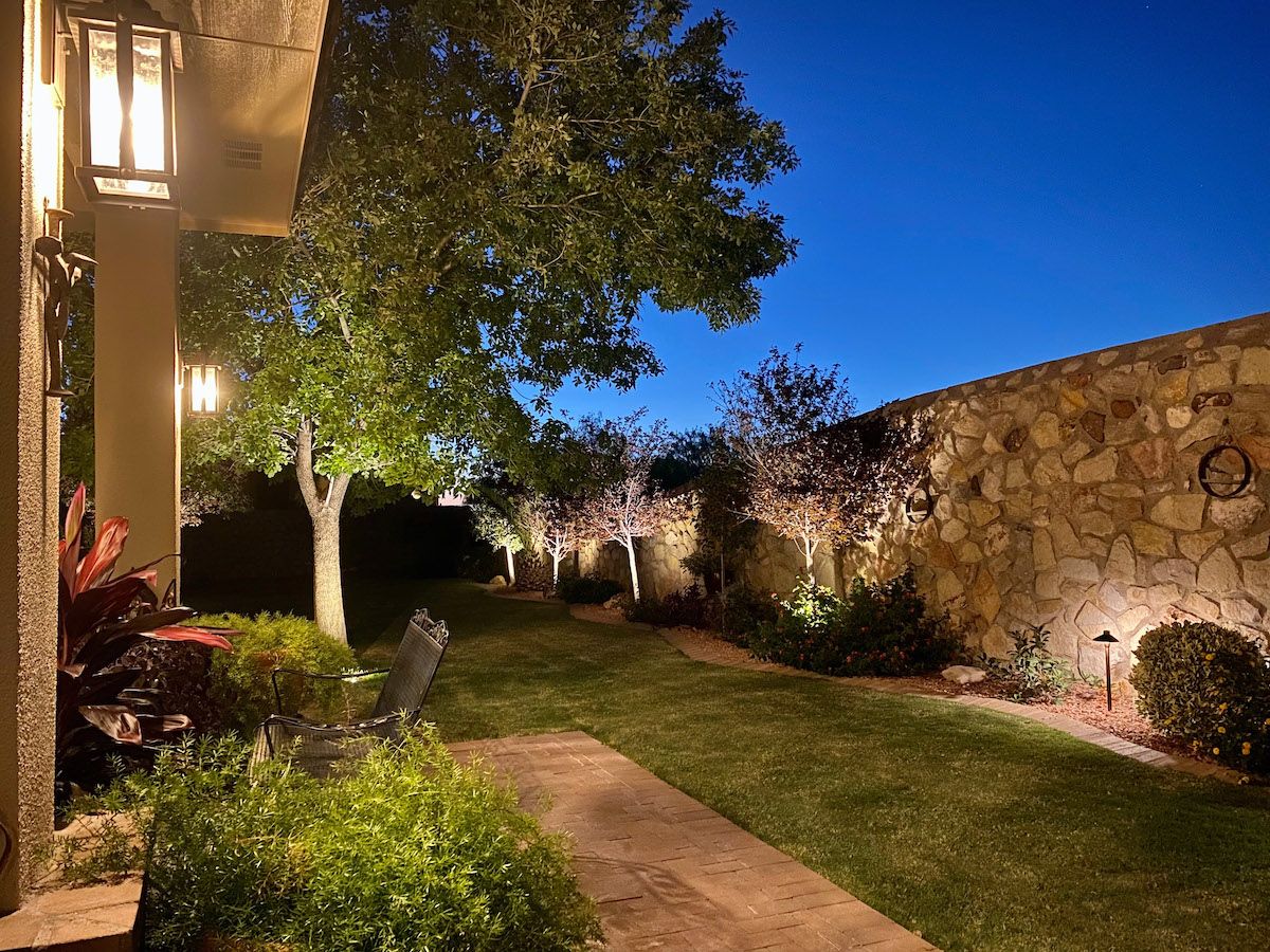 landscape lighting in backyard along wall and on plantings