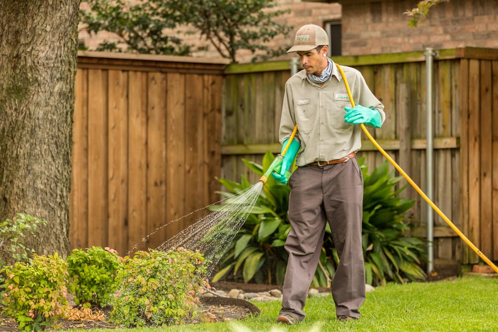 lawn technician spraying landscape bed