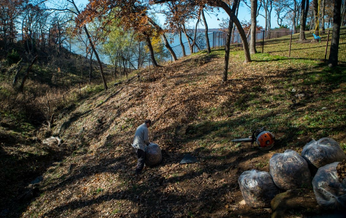 landscaping team rakes and blows leaves and puts in bags