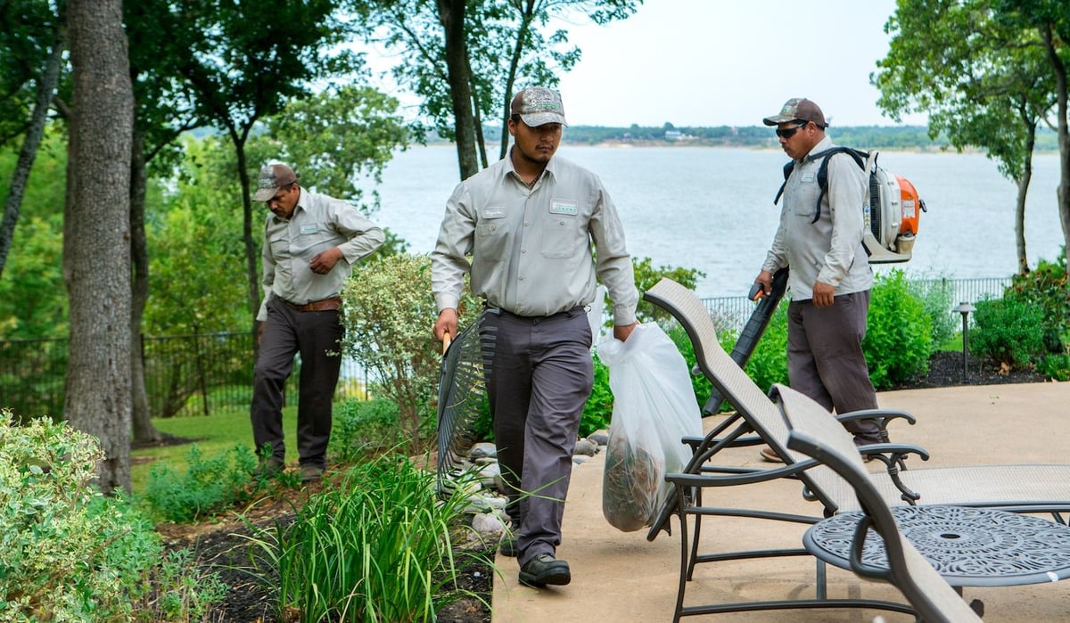 fall leaf removal in landscape beds and lawn