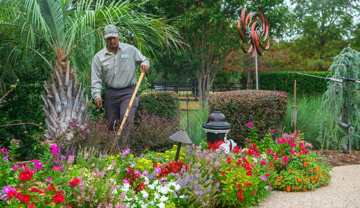landscape maintenance team maintains flower bed