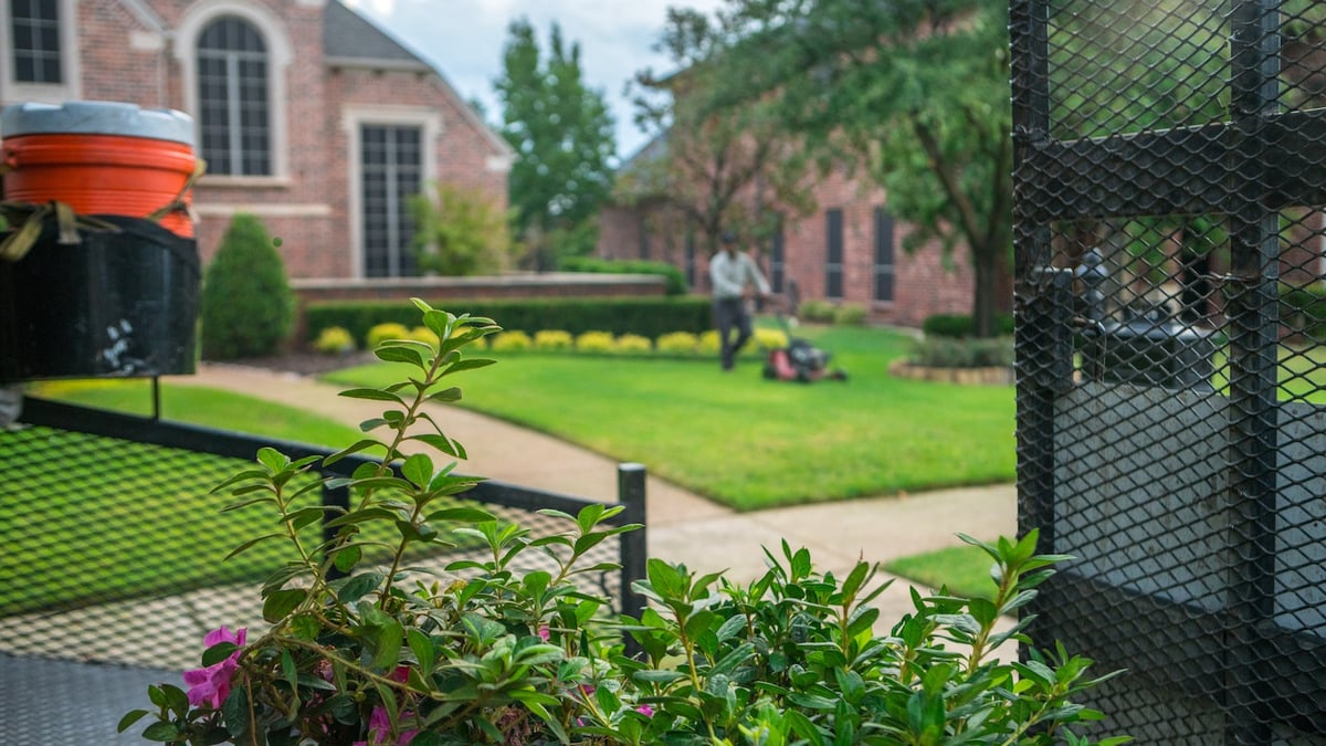 landscape maintenance team mows lawn