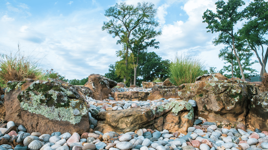 decorative rock and plantings