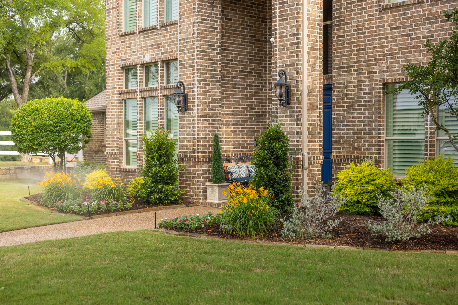 front of house landscape beds irrigation system watering lawn and landscape beds